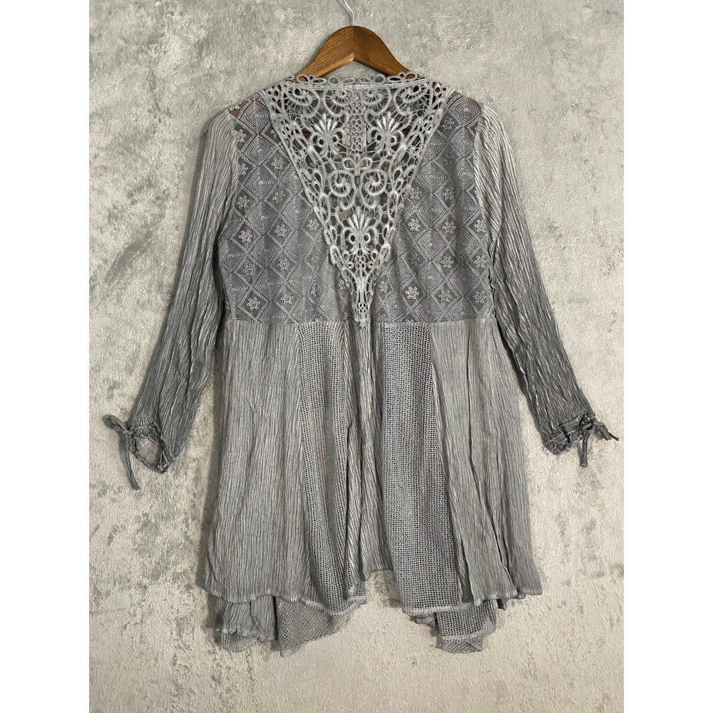 Pretty Angel Cardigan Sz M Gray Lace Crochet Crinkle Open Front Ethereal Fairy - Picture 4 of 13
